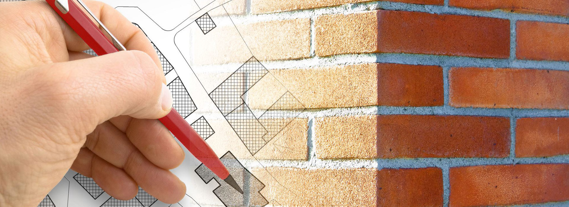 Faded image of outer brick wall and hand drawing on plans