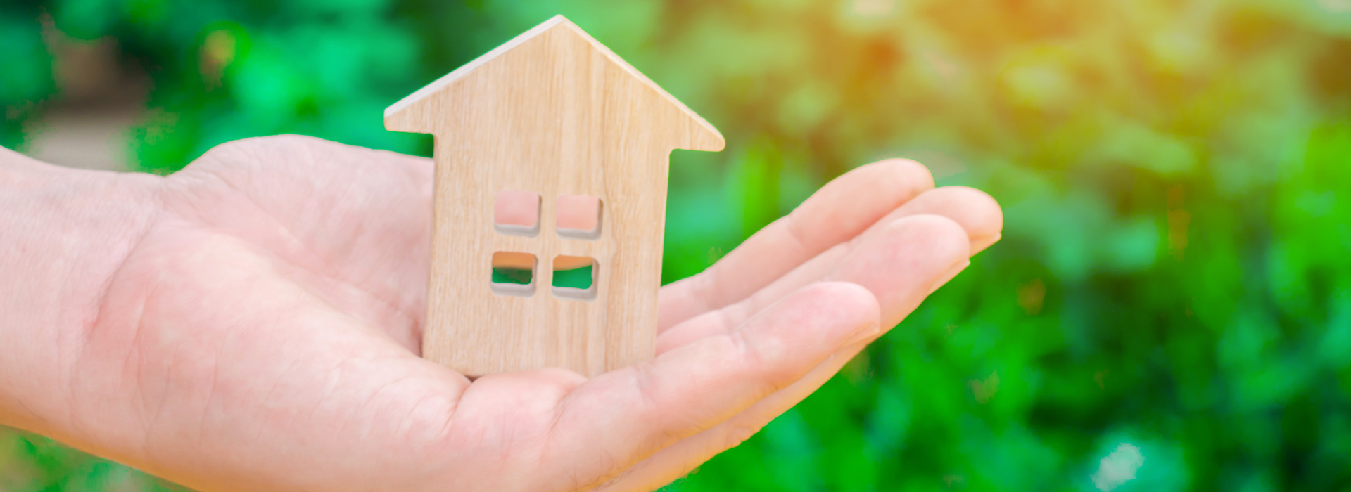 Hand holding a wooden model of a house